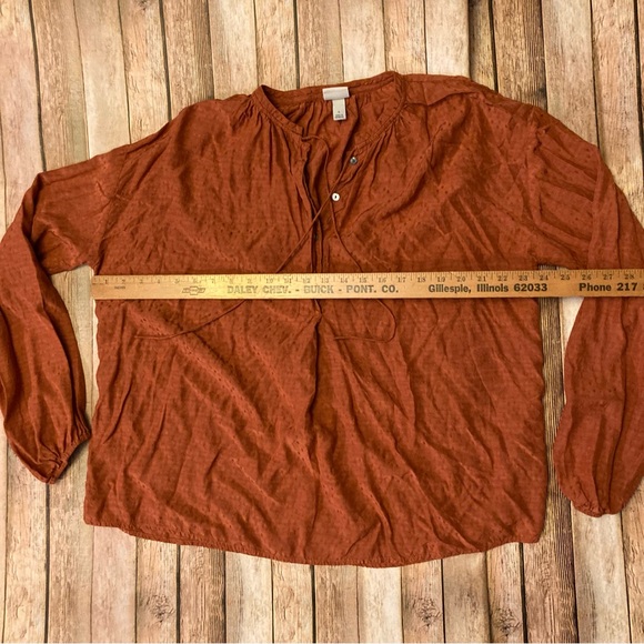 A•new Day Boho Style Women’s Sz L V-neck Shimmery Rust Rayon Drawstring Opt Top - Picture 3 of 10